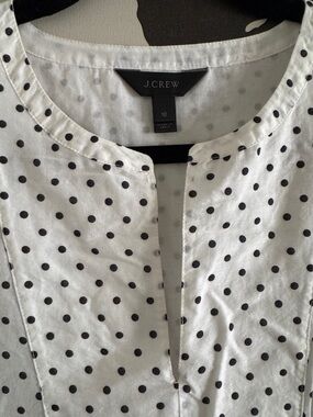 J. Crew White Blouse with Black Polka Dots and Blue Border Print